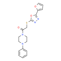 ChemSpider 2D Image | 2-{[5-(2-Furyl)-1,3,4-oxadiazol-2-yl]sulfanyl}-1-(4-phenyl-1-piperazinyl)ethanone | C18H18N4O3S