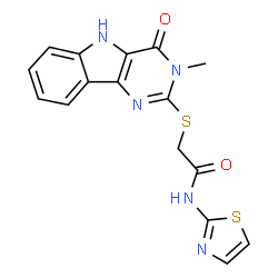 ChemSpider 2D Image | 2-[(3-Methyl-4-oxo-4,5-dihydro-3H-pyrimido[5,4-b]indol-2-yl)sulfanyl]-N-(1,3-thiazol-2-yl)acetamide | C16H13N5O2S2