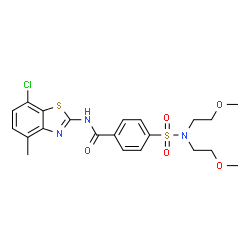 ChemSpider 2D Image | 4-[Bis(2-methoxyethyl)sulfamoyl]-N-(7-chloro-4-methyl-1,3-benzothiazol-2-yl)benzamide | C21H24ClN3O5S2