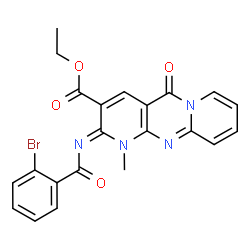 ChemSpider 2D Image | Ethyl (2Z)-2-[(2-bromobenzoyl)imino]-1-methyl-5-oxo-1,5-dihydro-2H-dipyrido[1,2-a:2',3'-d]pyrimidine-3-carboxylate | C22H17BrN4O4