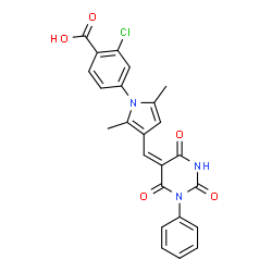 ChemSpider 2D Image | 2-Chloro-4-{2,5-dimethyl-3-[(E)-(2,4,6-trioxo-1-phenyltetrahydro-5(2H)-pyrimidinylidene)methyl]-1H-pyrrol-1-yl}benzoic acid | C24H18ClN3O5
