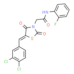 ChemSpider 2D Image | 2-[(5Z)-5-(3,4-Dichlorobenzylidene)-2,4-dioxo-1,3-thiazolidin-3-yl]-N-(2-fluorophenyl)acetamide | C18H11Cl2FN2O3S