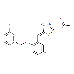 ChemSpider 2D Image | N-[(5Z)-5-{5-Chloro-2-[(3-fluorobenzyl)oxy]benzylidene}-4-oxo-4,5-dihydro-1,3-thiazol-2-yl]acetamide | C19H14ClFN2O3S