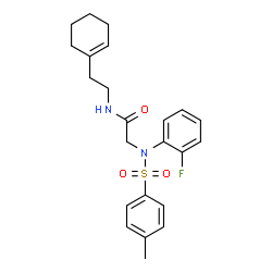 ChemSpider 2D Image | N-[2-(1-Cyclohexen-1-yl)ethyl]-N~2~-(2-fluorophenyl)-N~2~-[(4-methylphenyl)sulfonyl]glycinamide | C23H27FN2O3S