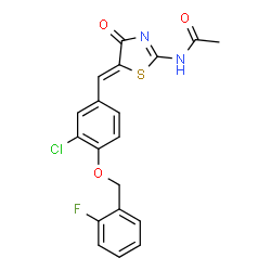 ChemSpider 2D Image | N-[(5Z)-5-{3-Chloro-4-[(2-fluorobenzyl)oxy]benzylidene}-4-oxo-4,5-dihydro-1,3-thiazol-2-yl]acetamide | C19H14ClFN2O3S