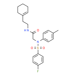 ChemSpider 2D Image | N-[2-(1-Cyclohexen-1-yl)ethyl]-N~2~-[(4-fluorophenyl)sulfonyl]-N~2~-(4-methylphenyl)glycinamide | C23H27FN2O3S