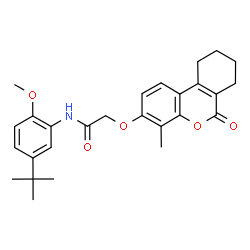 ChemSpider 2D Image | N-[2-Methoxy-5-(2-methyl-2-propanyl)phenyl]-2-[(4-methyl-6-oxo-7,8,9,10-tetrahydro-6H-benzo[c]chromen-3-yl)oxy]acetamide | C27H31NO5