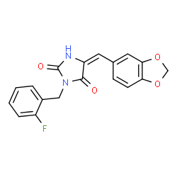 ChemSpider 2D Image | (5E)-5-(1,3-Benzodioxol-5-ylmethylene)-3-(2-fluorobenzyl)-2,4-imidazolidinedione | C18H13FN2O4