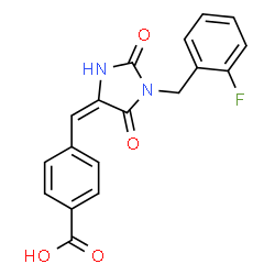 ChemSpider 2D Image | 4-{(E)-[1-(2-Fluorobenzyl)-2,5-dioxo-4-imidazolidinylidene]methyl}benzoic acid | C18H13FN2O4