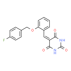 ChemSpider 2D Image | 5-{2-[(4-Fluorobenzyl)oxy]benzylidene}-2,4,6(1H,3H,5H)-pyrimidinetrione | C18H13FN2O4