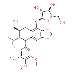 ChemSpider 2D Image | (6S,7S,8S)-7-Acetyl-6-(hydroxymethyl)-8-(3,4,5-trimethoxyphenyl)-5,6,7,8-tetrahydronaphtho[2,3-d][1,3]dioxol-4-yl alpha-L-arabinofuranoside | C28H34O12