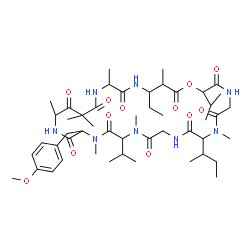 ChemSpider 2D Image | 8-sec-Butyl-28-ethyl-2,14-diisopropyl-17-(4-methoxybenzyl)-7,13,16,20,22,22,25,29-octamethyl-1-oxa-4,7,10,13,16,19,24,27-octaazacyclotriacontane-3,6,9,12,15,18,21,23,26,30-decone | C49H78N8O12