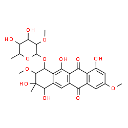 ChemSpider 2D Image | 3,4,10,12-Tetrahydroxy-2,8-dimethoxy-3-methyl-6,11-dioxo-1,2,3,4,6,11-hexahydro-1-tetracenyl 6-deoxy-2-O-methylhexopyranoside | C28H32O13