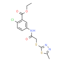 ChemSpider 2D Image | Ethyl 2-chloro-5-({[(5-methyl-1,3,4-thiadiazol-2-yl)sulfanyl]acetyl}amino)benzoate | C14H14ClN3O3S2