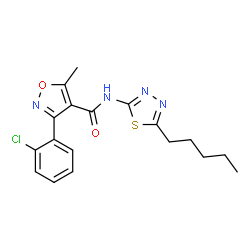 ChemSpider 2D Image | 3-(2-Chlorophenyl)-5-methyl-N-(5-pentyl-1,3,4-thiadiazol-2-yl)-1,2-oxazole-4-carboxamide | C18H19ClN4O2S