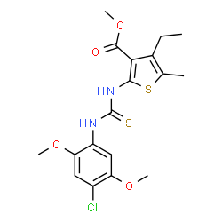 ChemSpider 2D Image | Methyl 2-{[(4-chloro-2,5-dimethoxyphenyl)carbamothioyl]amino}-4-ethyl-5-methyl-3-thiophenecarboxylate | C18H21ClN2O4S2