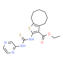 ChemSpider 2D Image | Ethyl 2-[(2-pyrazinylcarbamothioyl)amino]-4,5,6,7,8,9-hexahydrocycloocta[b]thiophene-3-carboxylate | C18H22N4O2S2