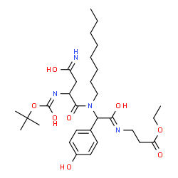 ChemSpider 2D Image | Ethyl N-{(4-hydroxyphenyl)[(N~2~-{[(2-methyl-2-propanyl)oxy]carbonyl}asparaginyl)(octyl)amino]acetyl}-beta-alaninate | C30H48N4O8