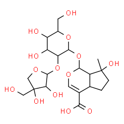 ChemSpider 2D Image | 1-({2-O-[3,4-Dihydroxy-4-(hydroxymethyl)tetrahydro-2-furanyl]hexopyranosyl}oxy)-7-hydroxy-7-methyl-1,4a,5,6,7,7a-hexahydrocyclopenta[c]pyran-4-carboxylic acid | C21H32O14