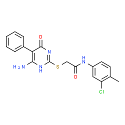 ChemSpider 2D Image | 2-[(6-Amino-4-oxo-5-phenyl-1,4-dihydro-2-pyrimidinyl)sulfanyl]-N-(3-chloro-4-methylphenyl)acetamide | C19H17ClN4O2S