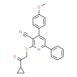 ChemSpider 2D Image | 2-[(2-Cyclopropyl-2-oxoethyl)sulfanyl]-4-(4-methoxyphenyl)-6-phenylnicotinonitrile | C24H20N2O2S