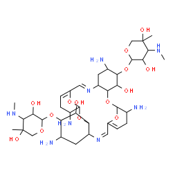 ChemSpider 2D Image | (9E,23Z)-6,14,20,28-Tetraamino-19-{[3-deoxy-4-C-methyl-3-(methylamino)pentopyranosyl]oxy}-4,18-dihydroxy-2,16,29,30-tetraoxa-9,23-diazapentacyclo[23.3.1.1~11,15~.0~3,8~.0~17,22~]triaconta-9,11,23,25-t
etraen-5-yl 3-deoxy-4-C-methyl-3-(methylamino)pentopyranoside | C38H64N8O14