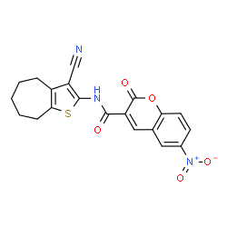 ChemSpider 2D Image | N-(3-Cyano-5,6,7,8-tetrahydro-4H-cyclohepta[b]thiophen-2-yl)-6-nitro-2-oxo-2H-chromene-3-carboxamide | C20H15N3O5S