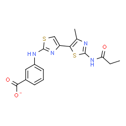 ChemSpider 2D Image | 3-{[4'-Methyl-2'-(propionylamino)-4,5'-bi-1,3-thiazol-2-yl]amino}benzoate | C17H15N4O3S2