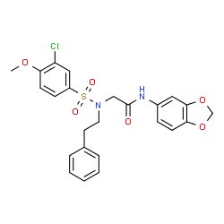 ChemSpider 2D Image | N-1,3-Benzodioxol-5-yl-N~2~-[(3-chloro-4-methoxyphenyl)sulfonyl]-N~2~-(2-phenylethyl)glycinamide | C24H23ClN2O6S