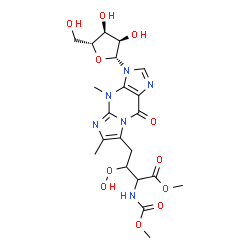 ChemSpider 2D Image | 7-{2-Hydroperoxy-4-methoxy-3-[(methoxycarbonyl)amino]-4-oxobutyl}-4,6-dimethyl-3-(beta-D-ribofuranosyl)-3,4-dihydro-9H-imidazo[1,2-a]purin-9-one | C21H28N6O11