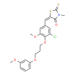 ChemSpider 2D Image | (5E)-5-{3-Chloro-5-methoxy-4-[3-(3-methoxyphenoxy)propoxy]benzylidene}-3-methyl-2-thioxo-1,3-thiazolidin-4-one | C22H22ClNO5S2