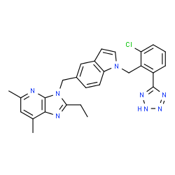 ChemSpider 2D Image | 3-({1-[2-Chloro-6-(1H-tetrazol-5-yl)benzyl]-1H-indol-5-yl}methyl)-2-ethyl-5,7-dimethyl-3H-imidazo[4,5-b]pyridine | C27H25ClN8