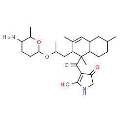 ChemSpider 2D Image | 4-[(2-{2-[(5-Amino-6-methyltetrahydro-2H-pyran-2-yl)oxy]propyl}-1,3,6-trimethyl-1,2,4a,5,6,7,8,8a-octahydro-1-naphthalenyl)carbonyl]-5-hydroxy-1,2-dihydro-3H-pyrrol-3-one | C27H42N2O5