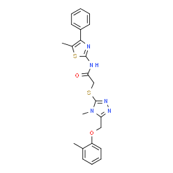 ChemSpider 2D Image | 2-({4-Methyl-5-[(2-methylphenoxy)methyl]-4H-1,2,4-triazol-3-yl}sulfanyl)-N-(5-methyl-4-phenyl-1,3-thiazol-2-yl)acetamide | C23H23N5O2S2