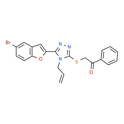 ChemSpider 2D Image | 2-{[4-Allyl-5-(5-bromo-1-benzofuran-2-yl)-4H-1,2,4-triazol-3-yl]sulfanyl}-1-phenylethanone | C21H16BrN3O2S