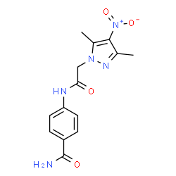 ChemSpider 2D Image | 4-{[(3,5-Dimethyl-4-nitro-1H-pyrazol-1-yl)acetyl]amino}benzamide | C14H15N5O4