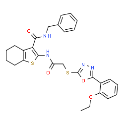 ChemSpider 2D Image | N-Benzyl-2-[({[5-(2-ethoxyphenyl)-1,3,4-oxadiazol-2-yl]sulfanyl}acetyl)amino]-4,5,6,7-tetrahydro-1-benzothiophene-3-carboxamide | C28H28N4O4S2