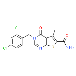 ChemSpider 2D Image | 3-(2,4-Dichlorobenzyl)-5-methyl-4-oxo-3,4-dihydrothieno[2,3-d]pyrimidine-6-carboxamide | C15H11Cl2N3O2S