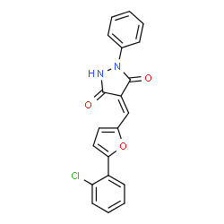 ChemSpider 2D Image | (4E)-4-{[5-(2-Chlorophenyl)-2-furyl]methylene}-1-phenyl-3,5-pyrazolidinedione | C20H13ClN2O3