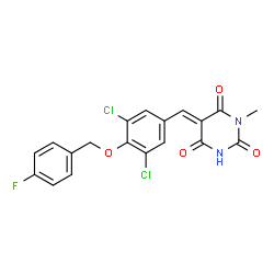 ChemSpider 2D Image | (5E)-5-{3,5-Dichloro-4-[(4-fluorobenzyl)oxy]benzylidene}-1-methyl-2,4,6(1H,3H,5H)-pyrimidinetrione | C19H13Cl2FN2O4