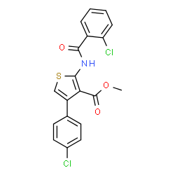 ChemSpider 2D Image | Methyl 2-[(2-chlorobenzoyl)amino]-4-(4-chlorophenyl)-3-thiophenecarboxylate | C19H13Cl2NO3S