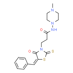 ChemSpider 2D Image | 3-[(5E)-5-Benzylidene-4-oxo-2-thioxo-1,3-thiazolidin-3-yl]-N-(4-methyl-1-piperazinyl)propanamide | C18H22N4O2S2