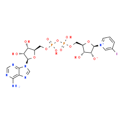 ChemSpider 2D Image | (2R,3R,4R,5R)-5-({[{[{[(2R,3S,4R,5R)-5-(6-Amino-9H-purin-9-yl)-3,4-dihydroxytetrahydro-2-furanyl]methoxy}(hydroxy)phosphoryl]oxy}(hydroxy)phosphoryl]oxy}methyl)-4-hydroxy-2-(3-iodo-1-pyridiniumyl)tetr
ahydro-3-furanolate | C20H25IN6O13P2