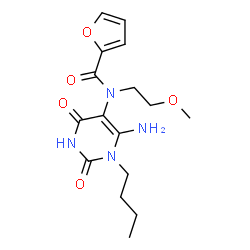 ChemSpider 2D Image | N-(6-Amino-1-butyl-2,4-dioxo-1,2,3,4-tetrahydro-5-pyrimidinyl)-N-(2-methoxyethyl)-2-furamide | C16H22N4O5