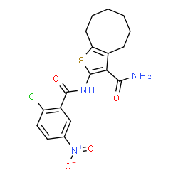 ChemSpider 2D Image | 2-[(2-Chloro-5-nitrobenzoyl)amino]-4,5,6,7,8,9-hexahydrocycloocta[b]thiophene-3-carboxamide | C18H18ClN3O4S