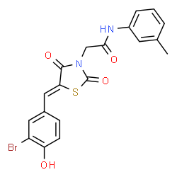 ChemSpider 2D Image | 2-[(5Z)-5-(3-Bromo-4-hydroxybenzylidene)-2,4-dioxo-1,3-thiazolidin-3-yl]-N-(3-methylphenyl)acetamide | C19H15BrN2O4S