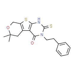 ChemSpider 2D Image | 6,6-dimethyl-3-(2-phenylethyl)-2-sulfanyl-3,5,6,8-tetrahydro-4H-pyrano[4',3':4,5]thieno[2,3-d]pyrimidin-4-one | C19H20N2O2S2