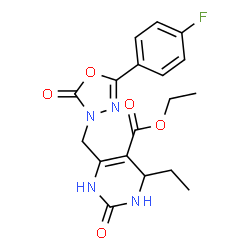 ChemSpider 2D Image | Ethyl 4-ethyl-6-{[5-(4-fluorophenyl)-2-oxo-1,3,4-oxadiazol-3(2H)-yl]methyl}-2-oxo-1,2,3,4-tetrahydro-5-pyrimidinecarboxylate | C18H19FN4O5