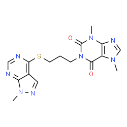 ChemSpider 2D Image | 3,7-Dimethyl-1-{3-[(1-methyl-1H-pyrazolo[3,4-d]pyrimidin-4-yl)sulfanyl]propyl}-3,7-dihydro-1H-purine-2,6-dione | C16H18N8O2S