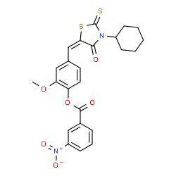 ChemSpider 2D Image | 4-[(E)-(3-Cyclohexyl-4-oxo-2-thioxo-1,3-thiazolidin-5-ylidene)methyl]-2-methoxyphenyl 3-nitrobenzoate | C24H22N2O6S2